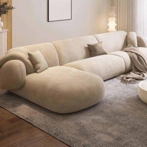 Karnak High-End Convertible Velvet Sofa Customizable L-Shaped round Lounge for Hotel Villa or Home Living Room Furniture (Beige, 280CM)