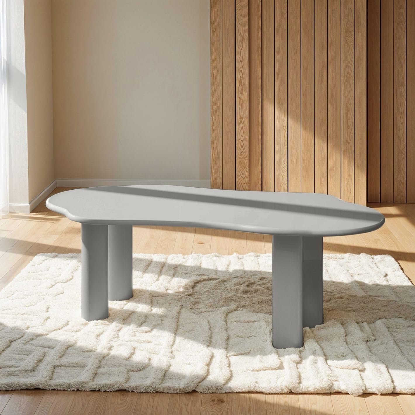 Karnak Lake 6-Seater Dining Table with Wave-Like MDF Top, Cylindrical Legs, Textured Plaster Finish, Modern Luxe - Image 3