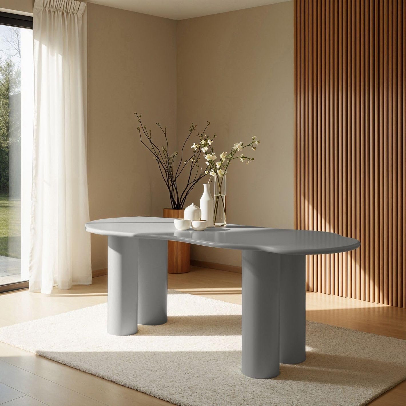 Karnak Lake 6-Seater Dining Table with Wave-Like MDF Top, Cylindrical Legs, Textured Plaster Finish, Modern Luxe - Image 4