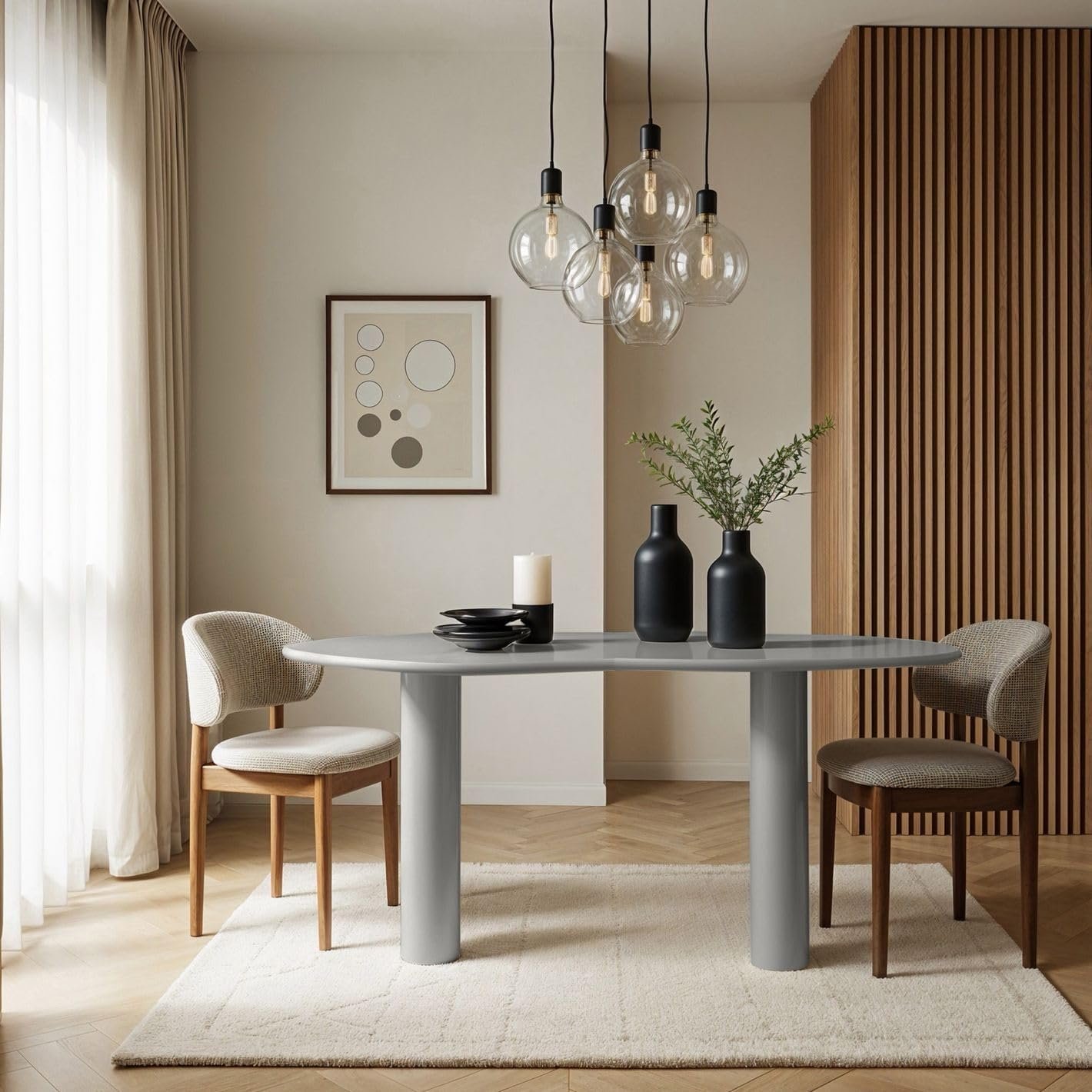 Karnak Lake 6-Seater Dining Table with Wave-Like MDF Top, Cylindrical Legs, Textured Plaster Finish, Modern Luxe - Image 5