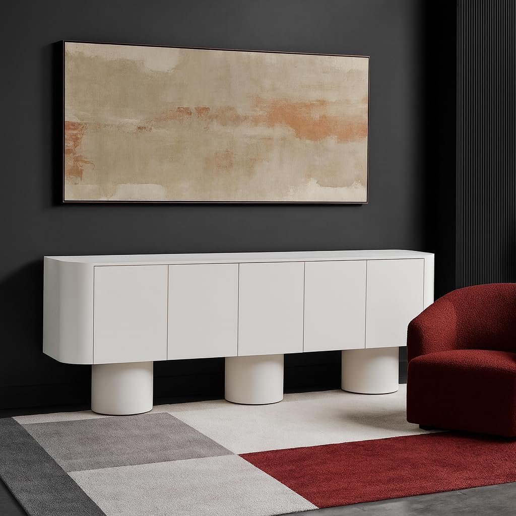 Karnak Long Meadow Buffet Modern 5-Door Sideboard with Concealed Shelf Storage, Plaster Finish & Cylindrical Leg Design