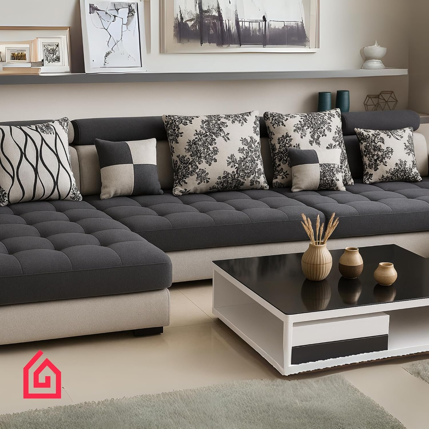 Karnak Luxury U-Shaped Sectional Sofa Set | 10-Seater Fabric Upholstered Sofa Set | Corner Couch Set | Modern Solid Wood Sofa for Large Living Room | Space Saving (Grey) - Image 118