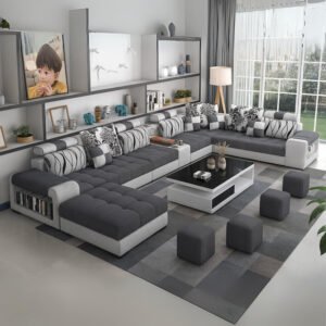 Karnak Luxury U-Shaped Sectional Sofa Set | 10-Seater Fabric Upholstered Sofa Set | Corner Couch Set | Modern Solid Wood Sofa for Large Living Room | Space Saving (Grey)