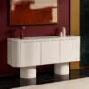 Karnak Meadow Terrazzo Top Buffet Modern Sideboard with 3 Doors, Concealed Shelf Storage, Cylindrical Legs & Plaster Finish