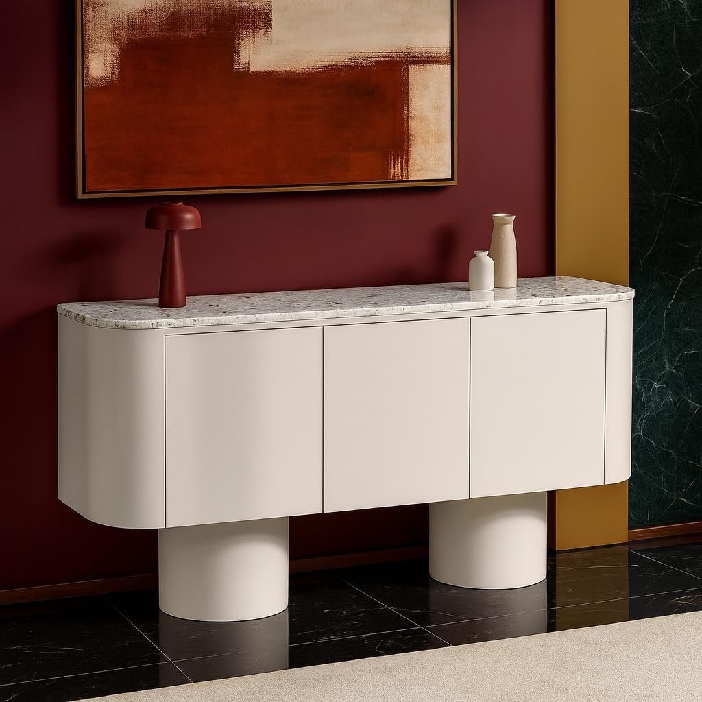 Karnak Meadow Terrazzo Top Buffet Modern Sideboard with 3 Doors, Concealed Shelf Storage, Cylindrical Legs & Plaster Finish