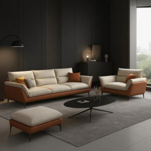 Karnak Modern Orange Sofa With Beige Tech Cloth Upholstery | Stain Resistant & Durable Wood Frame | Latex Seat Filling | 210.82X73.66X88.9CM | Moder