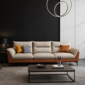 Karnak Modern Orange Sofa With Beige Tech Cloth Upholstery | Stain Resistant & Durable Wood Frame | Sponge Seat Filling | 238.76X73.66X88.9CM | Mode