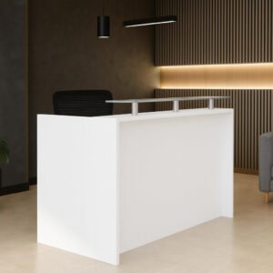 Karnak Modern Reception Desk with Lockable Drawer & Glass Counter | Workstation Table | 2-Person Office Front Desk Table for Hotel, Restaurant & Workspaces (White)