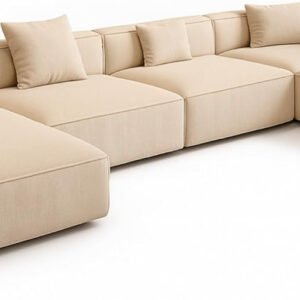 Karnak Modern U-Shaped Sofa Set | Velvet Fabric Upholstered Sofa Set | 6 Seater Sectional Corner Couch | Modern Solid Wood Frame for Living Room Furniture | Beige