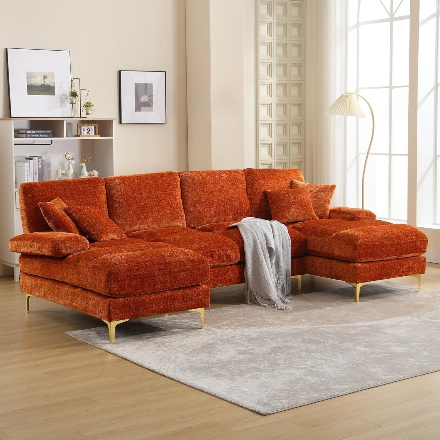 Karnak Modern Velvet U-Shaped Sectional Sofa – 3-Seater Sofa with Double Chaise, Plush Cushions & Gold Metal Legs, Deep Blue Upholstered Couch for Living Room or Lounge (Orange)