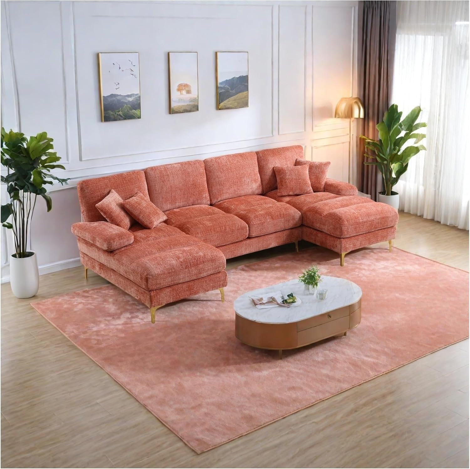 Karnak Modern Velvet U-Shaped Sectional Sofa – 3-Seater Sofa with Double Chaise, Plush Cushions & Gold Metal Legs, Deep Blue Upholstered Couch for Living Room or Lounge (Orange) - Image 14