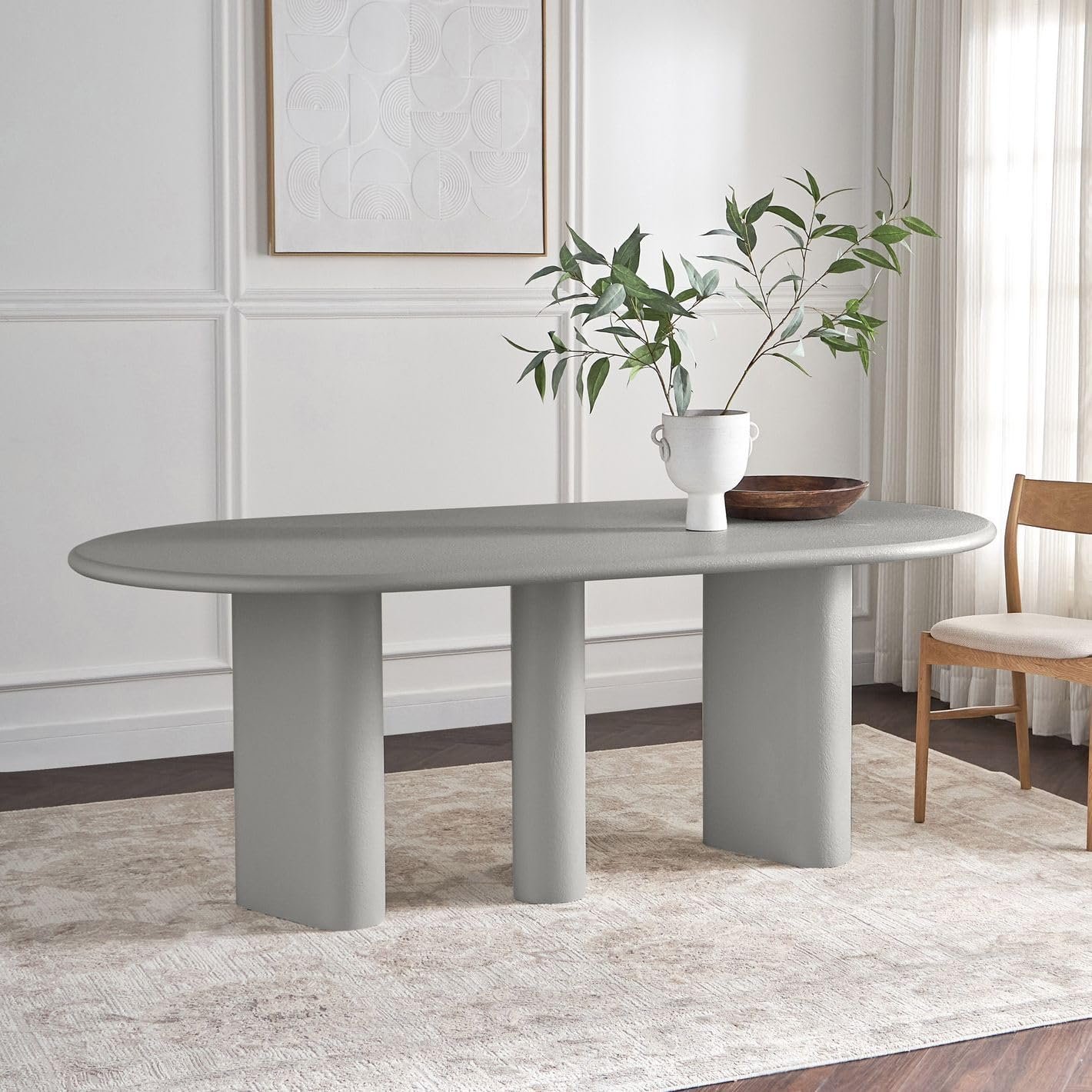 Karnak Pillar 6-Seater Oval Dining Table with Textured MDF Top, Three Pillar Legs, Contemporary Homestead Style - Image 7