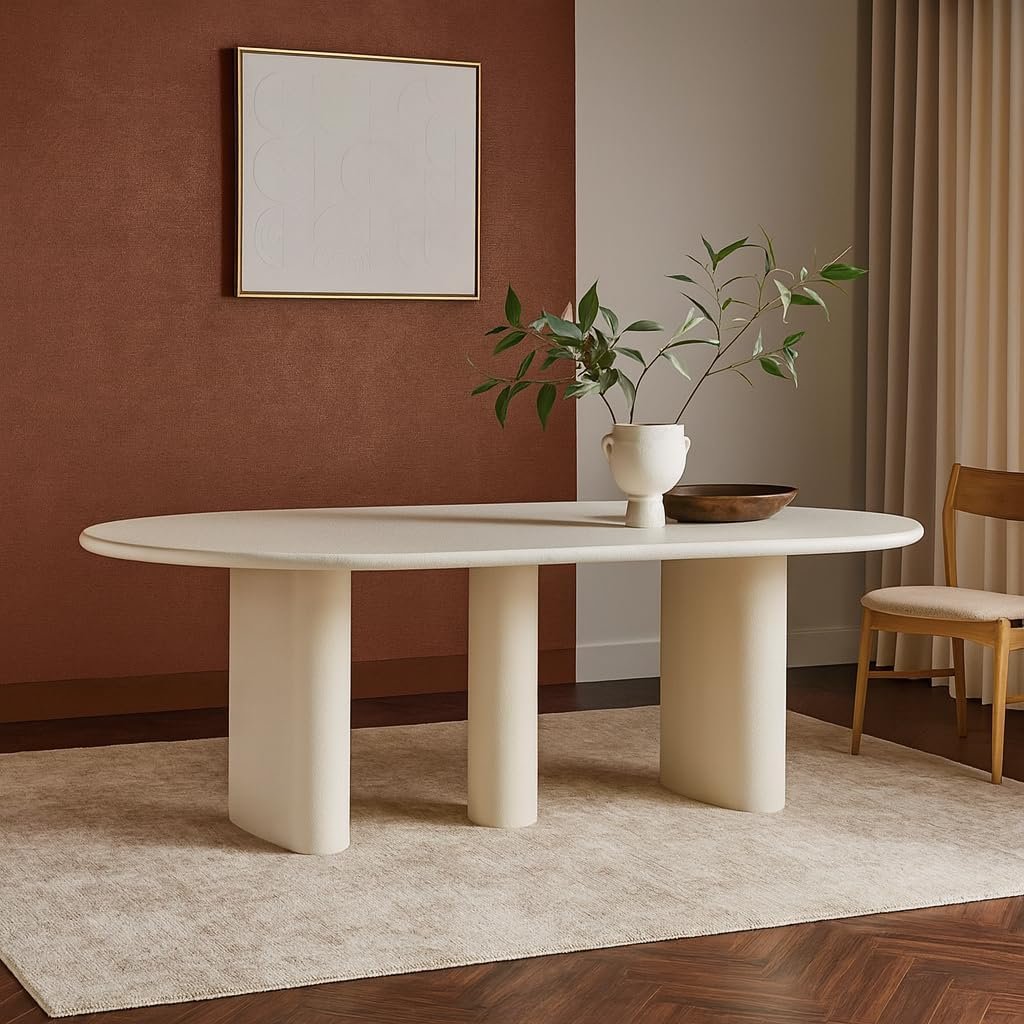 Karnak Pillar 6-Seater Oval Dining Table with Textured MDF Top, Three Pillar Legs, Contemporary Homestead Style - Image 8