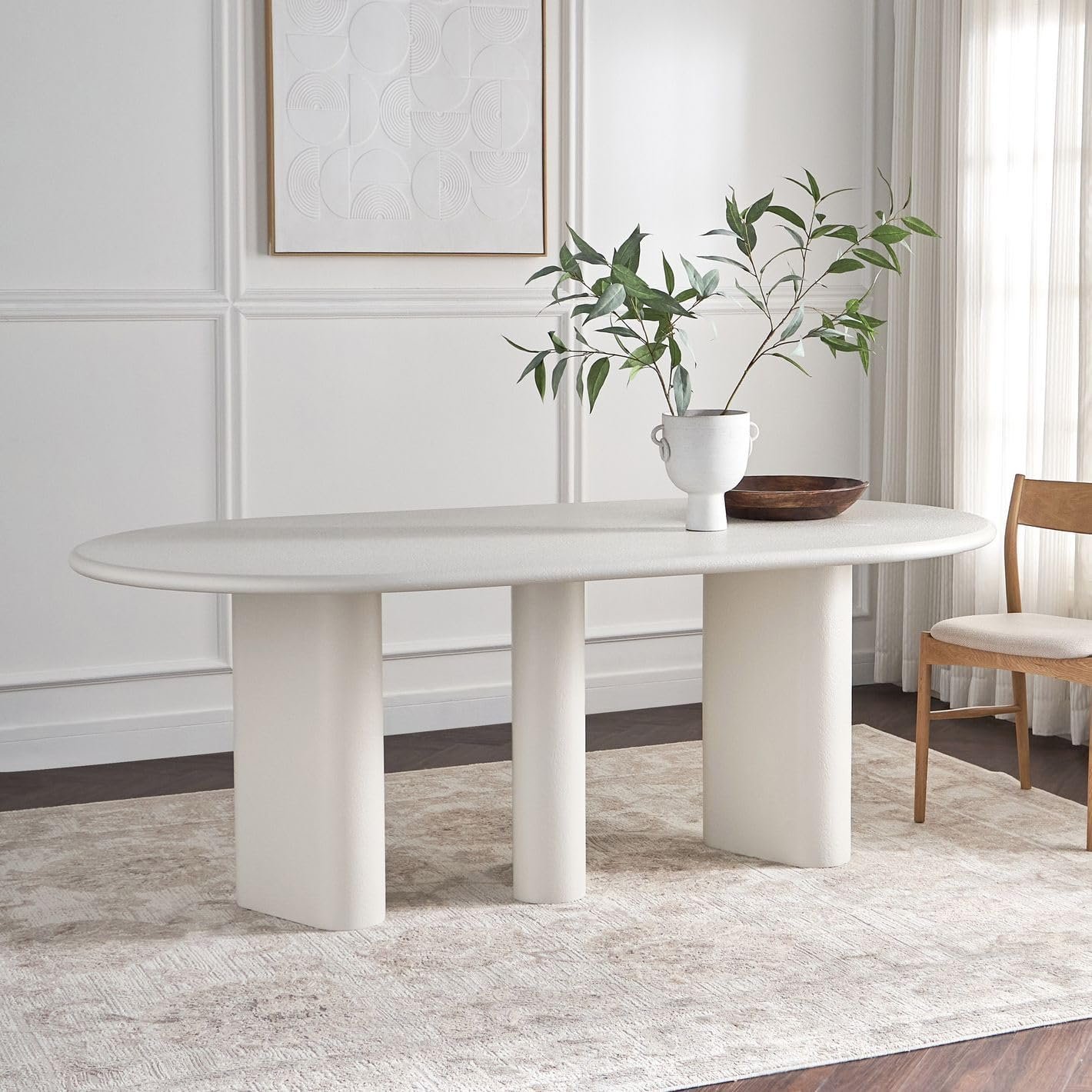 Karnak Pillar 6-Seater Oval Dining Table with Textured MDF Top, Three Pillar Legs, Contemporary Homestead Style - Image 14