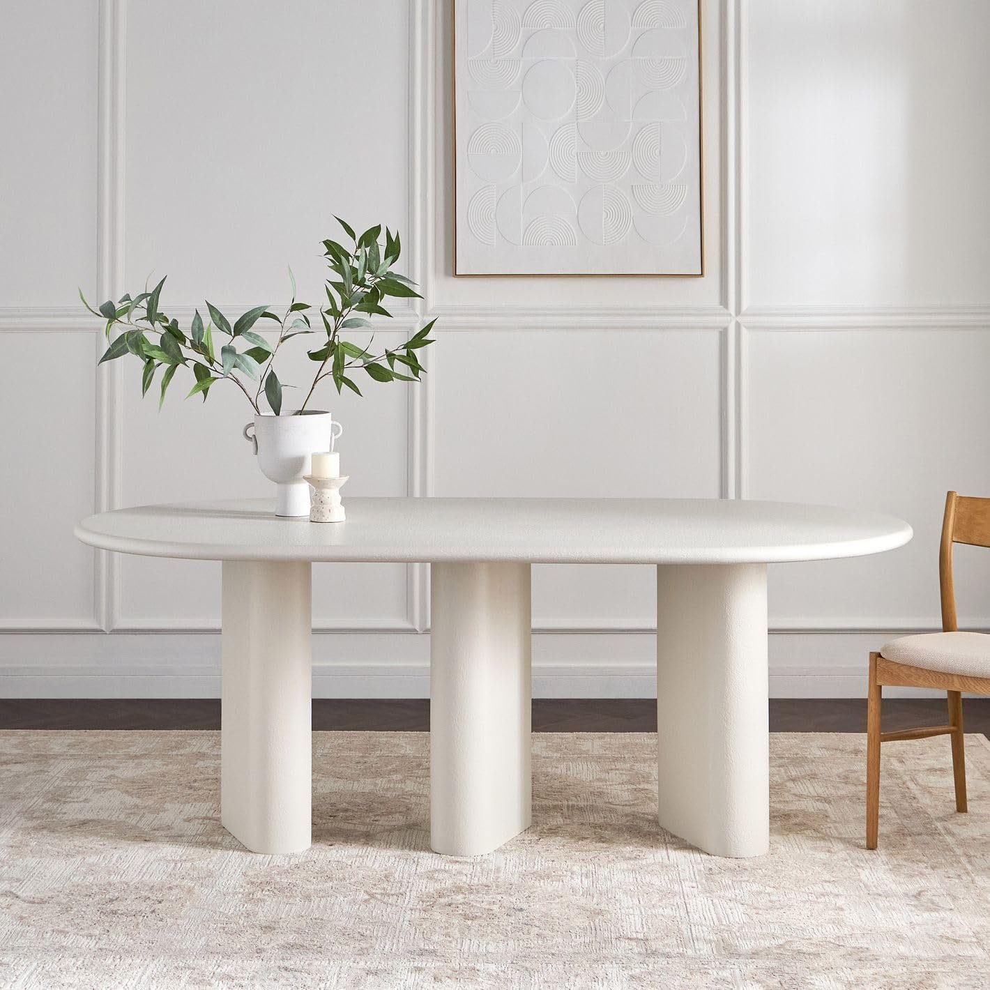 Karnak Pillar 6-Seater Oval Dining Table with Textured MDF Top, Three Pillar Legs, Contemporary Homestead Style - Image 23