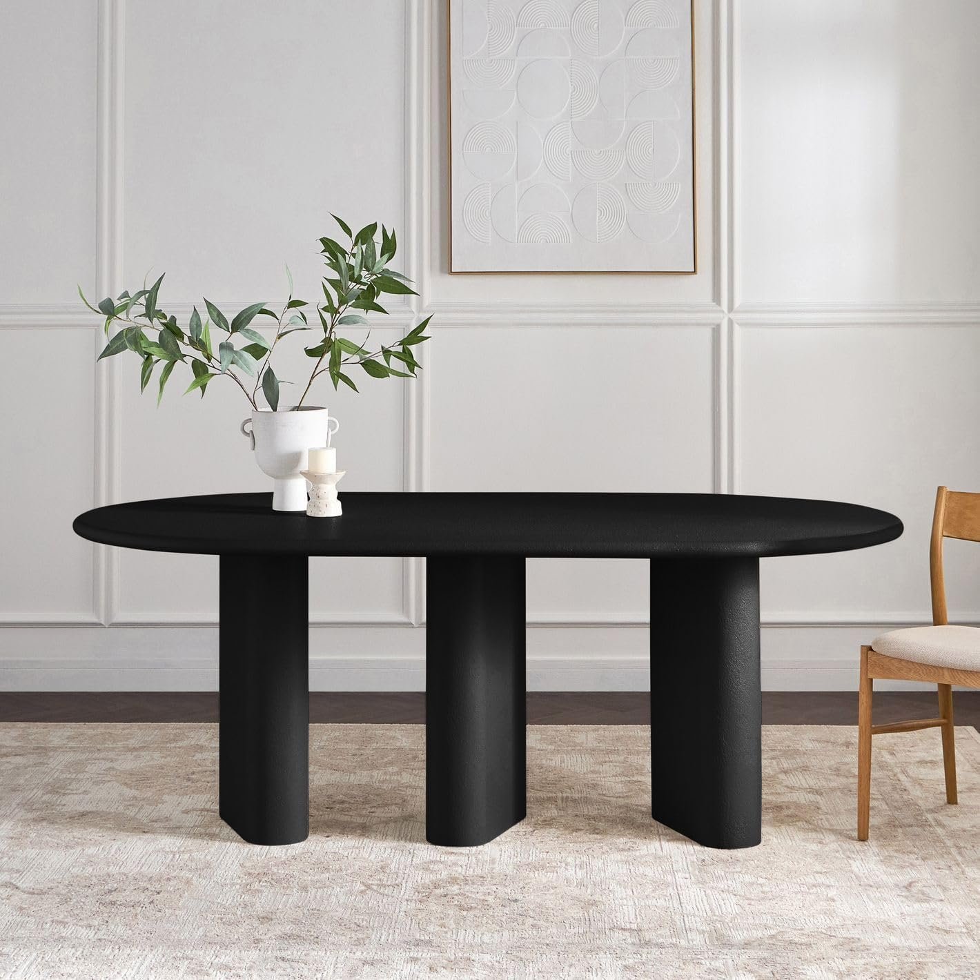 Karnak Pillar 6-Seater Oval Dining Table with Textured MDF Top, Three Pillar Legs, Contemporary Homestead Style - Image 30
