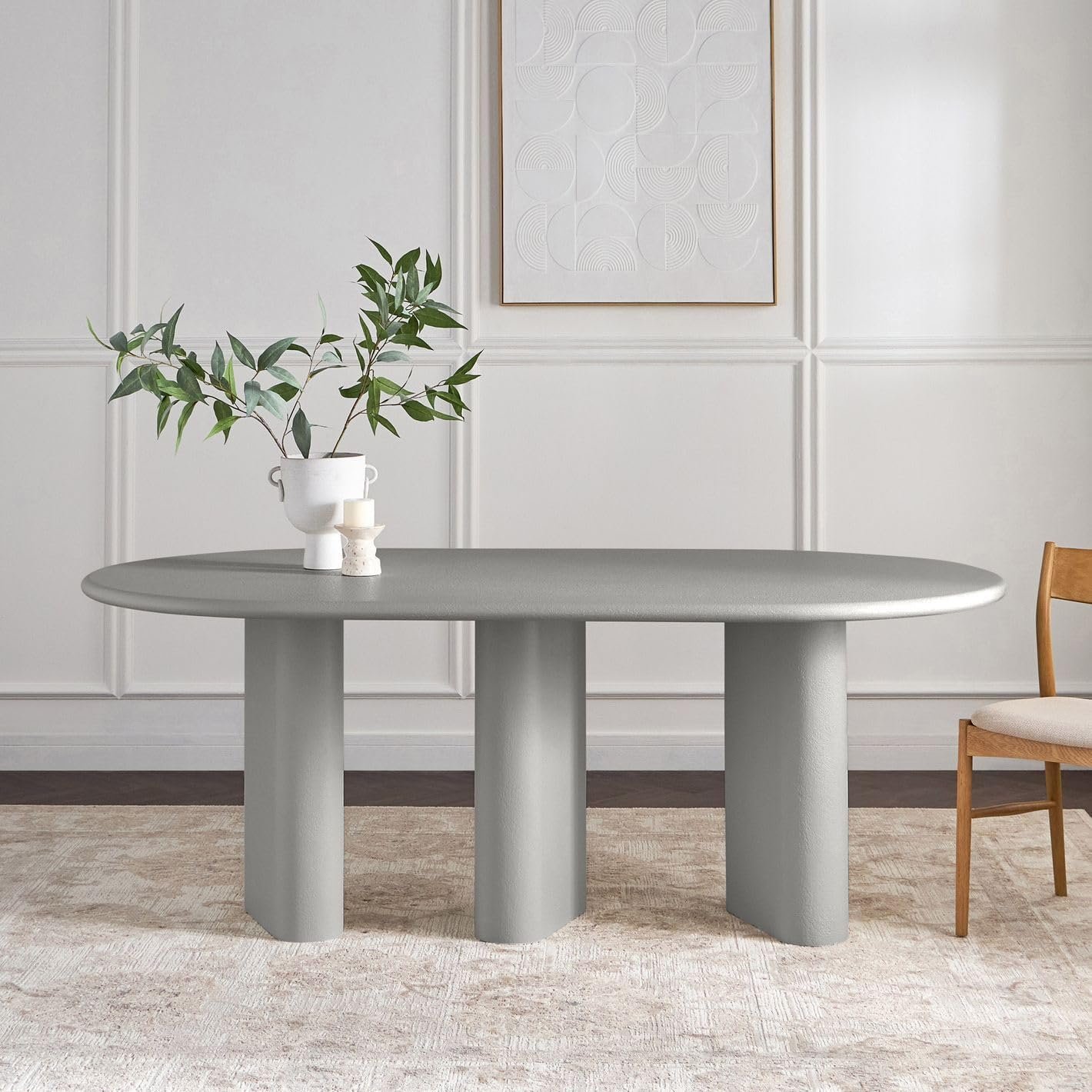 Karnak Pillar 6-Seater Oval Dining Table with Textured MDF Top, Three Pillar Legs, Contemporary Homestead Style - Image 57