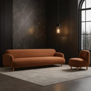 Karnak Recessed Arm Sofa Mid-century Modern 3-Seater Faux Leather Sofa | 210.82 x 80.01 x 71.12 cm Orange | Modern Sofa | Couch | Living Room Furnitu