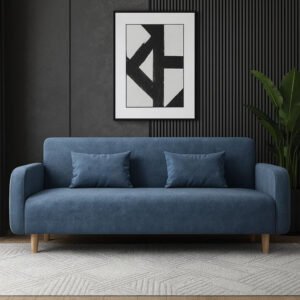 Karnak Seats 3 Modern Small Solid Wood Frame Foam Filled Sofa With Square Arm | Flannel 150 X 65 X 75 Cm Blue | Modern Sofa | Couch | Living Room Furn