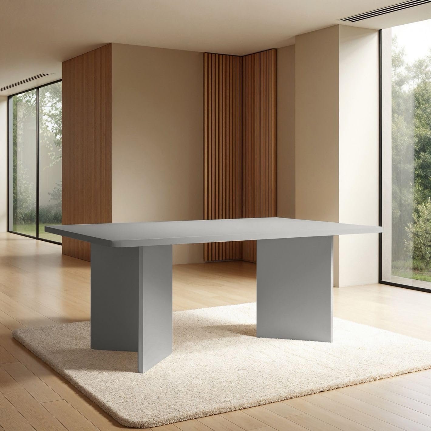 Karnak Whisper 8-Seater Dining Table with Rounded Edges, Twin Pedestal Base, Textured MDF Top, Modern Luxe Style (Grey) - Image 14