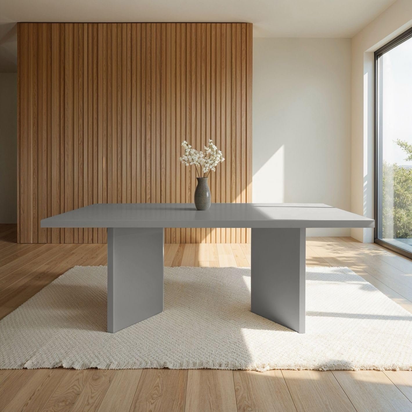 Karnak Whisper 8-Seater Dining Table with Rounded Edges, Twin Pedestal Base, Textured MDF Top, Modern Luxe Style (Grey) - Image 23