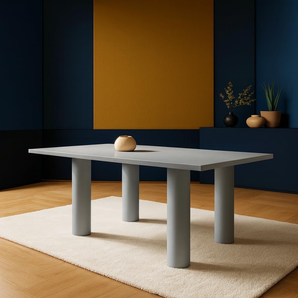 Karnak Aura 6-Seater Dining Table with Rounded MDF Top, Cylindrical Leg Base, Textured Plaster Finish, Modern Luxe (Grey)