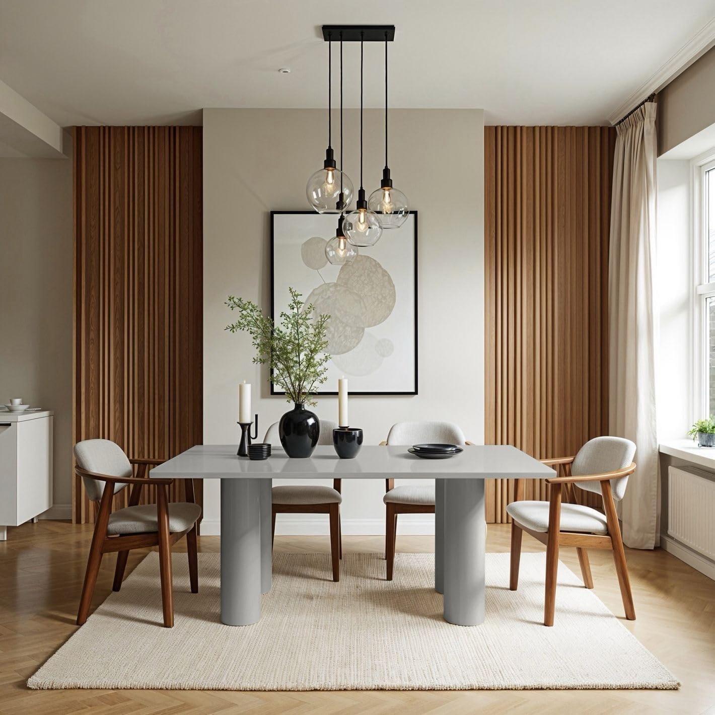 Karnak Aura 6-Seater Dining Table with Rounded MDF Top, Cylindrical Leg Base, Textured Plaster Finish, Modern Luxe (Grey) - Image 2