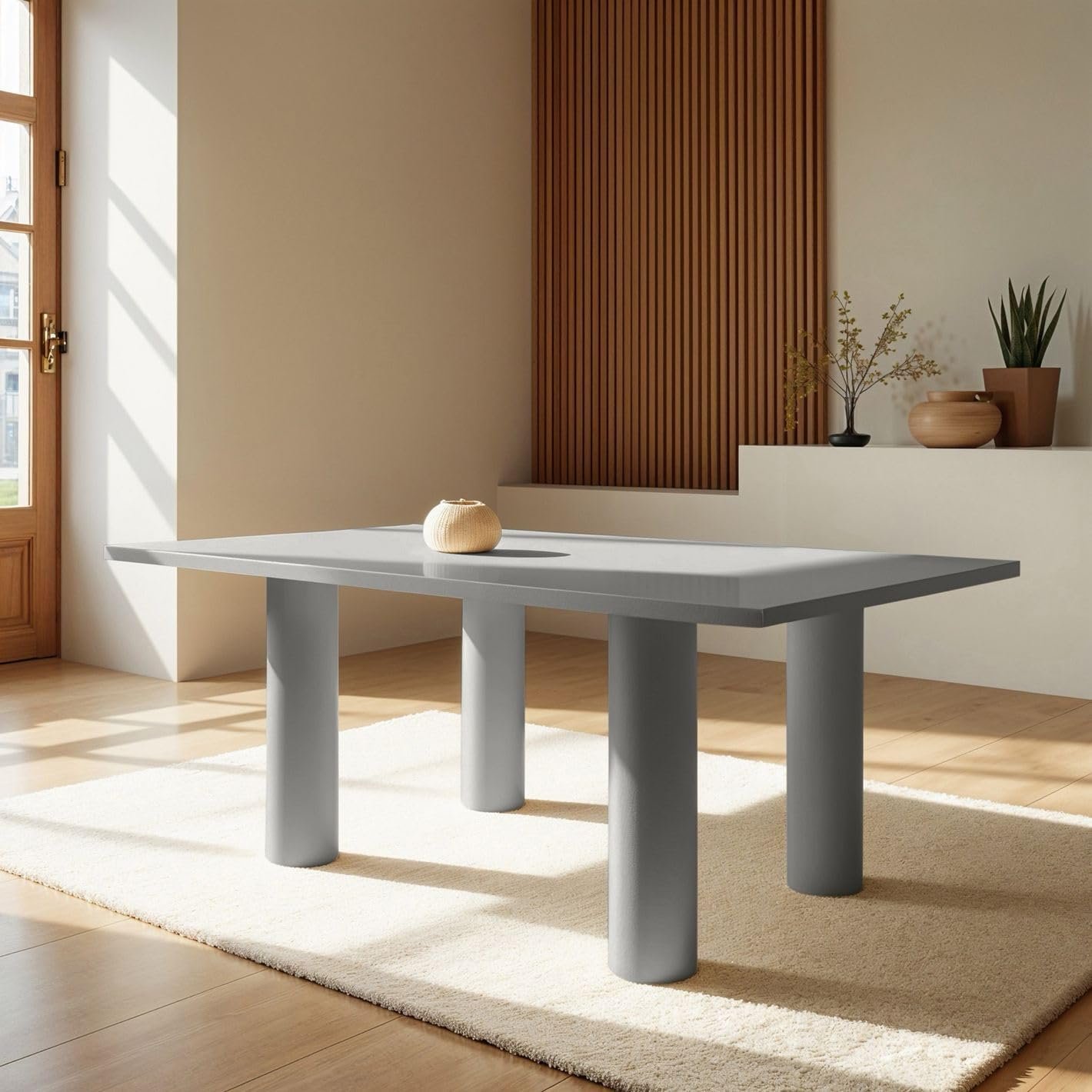 Karnak Aura 6-Seater Dining Table with Rounded MDF Top, Cylindrical Leg Base, Textured Plaster Finish, Modern Luxe (Grey) - Image 4