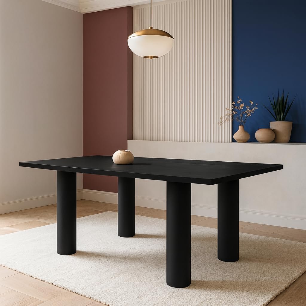 Karnak Aura 6-Seater Dining Table with Rounded MDF Top, Cylindrical Leg Base, Textured Plaster Finish, Modern Luxe (Grey) - Image 6