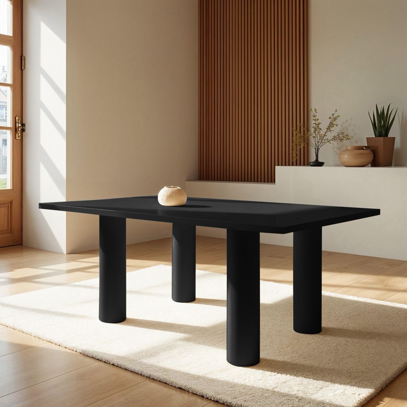 Karnak Aura 6-Seater Dining Table with Rounded MDF Top, Cylindrical Leg Base, Textured Plaster Finish, Modern Luxe (Grey) - Image 8