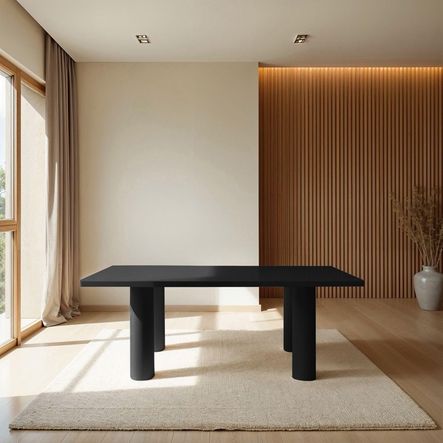 Karnak Aura 6-Seater Dining Table with Rounded MDF Top, Cylindrical Leg Base, Textured Plaster Finish, Modern Luxe (Grey) - Image 11