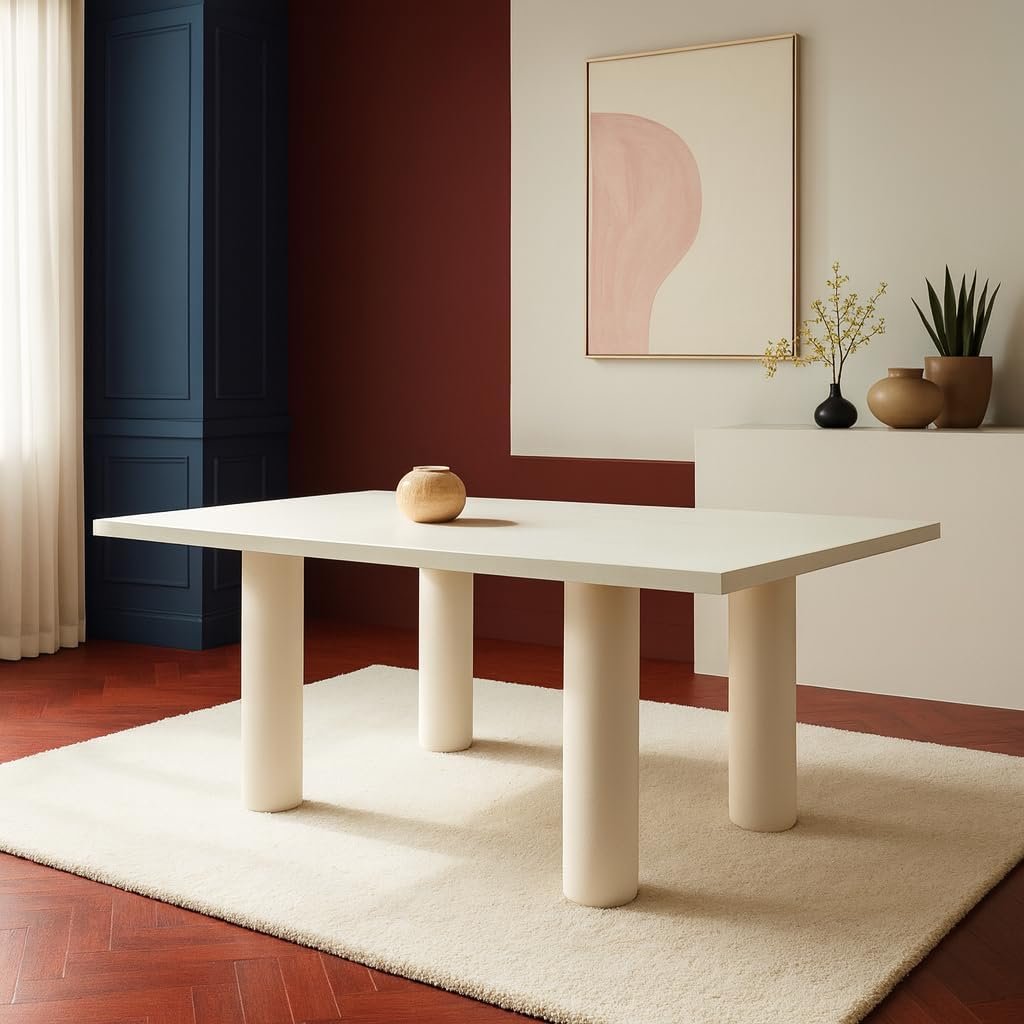 Karnak Aura 6-Seater Dining Table with Rounded MDF Top, Cylindrical Leg Base, Textured Plaster Finish, Modern Luxe (Grey) - Image 12