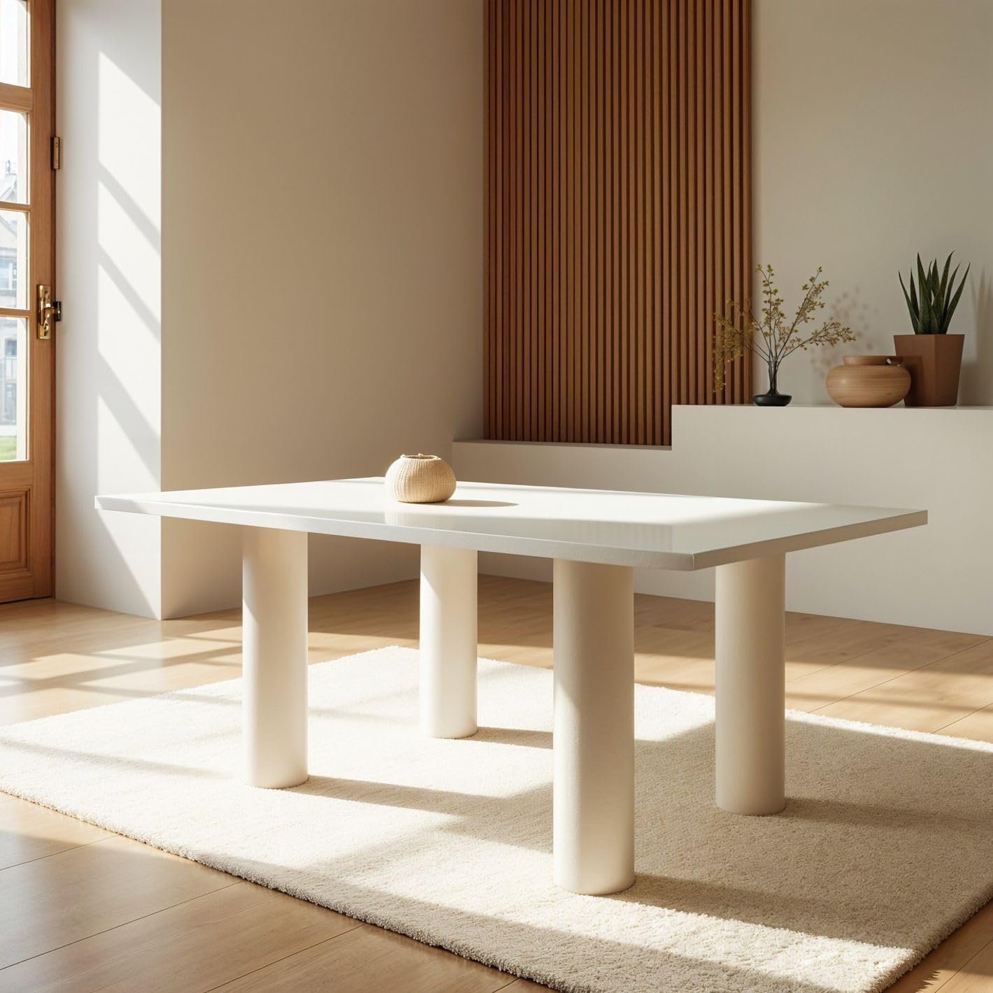 Karnak Aura 6-Seater Dining Table with Rounded MDF Top, Cylindrical Leg Base, Textured Plaster Finish, Modern Luxe (Grey) - Image 17