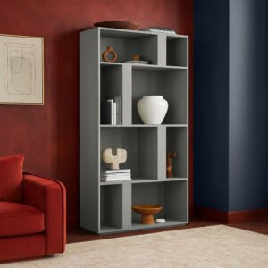 Karnak Balance Display Unit – Modern Engineered Wood Shelf Cabinet with Unique Compartments & 4 Shelves, Grey