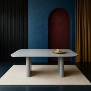 Karnak Breeze 6-Seater Dining Table with Rounded Rectangular MDF Top, Dual-Leg Base, Textured Plaster Finish (Grey)