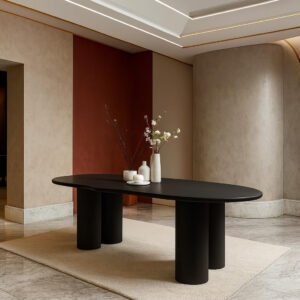 Karnak Breeze 6-Seater Dining Table with Rounded Rectangular Top, Dual-Leg Base, Engineered MDF, Modern Luxe Style (Black)