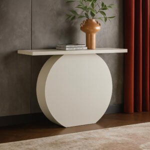 Karnak Circle Console Table | Modern Engineered Wood Console with Circular Base & Textured Finish | Stylish Hallway & Living Room Furniture (Biege)