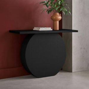Karnak Circle Console Table | Modern Engineered Wood Console with Circular Base & Textured Finish | Stylish Hallway & Living Room Furniture (Black)