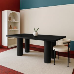 Karnak Pillar 8-Seater Rectangular Dining Table with Cylindrical Leg Base | Textured Table MDF Top | Modern Luxe (Black)