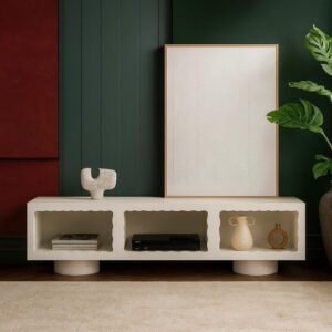 Karnak Cloudy TV Unit | Modern Media Console with Wave Design | Wooden TV Cabinet with Textured Finish & Storage for Living Room Furniture (Biege)