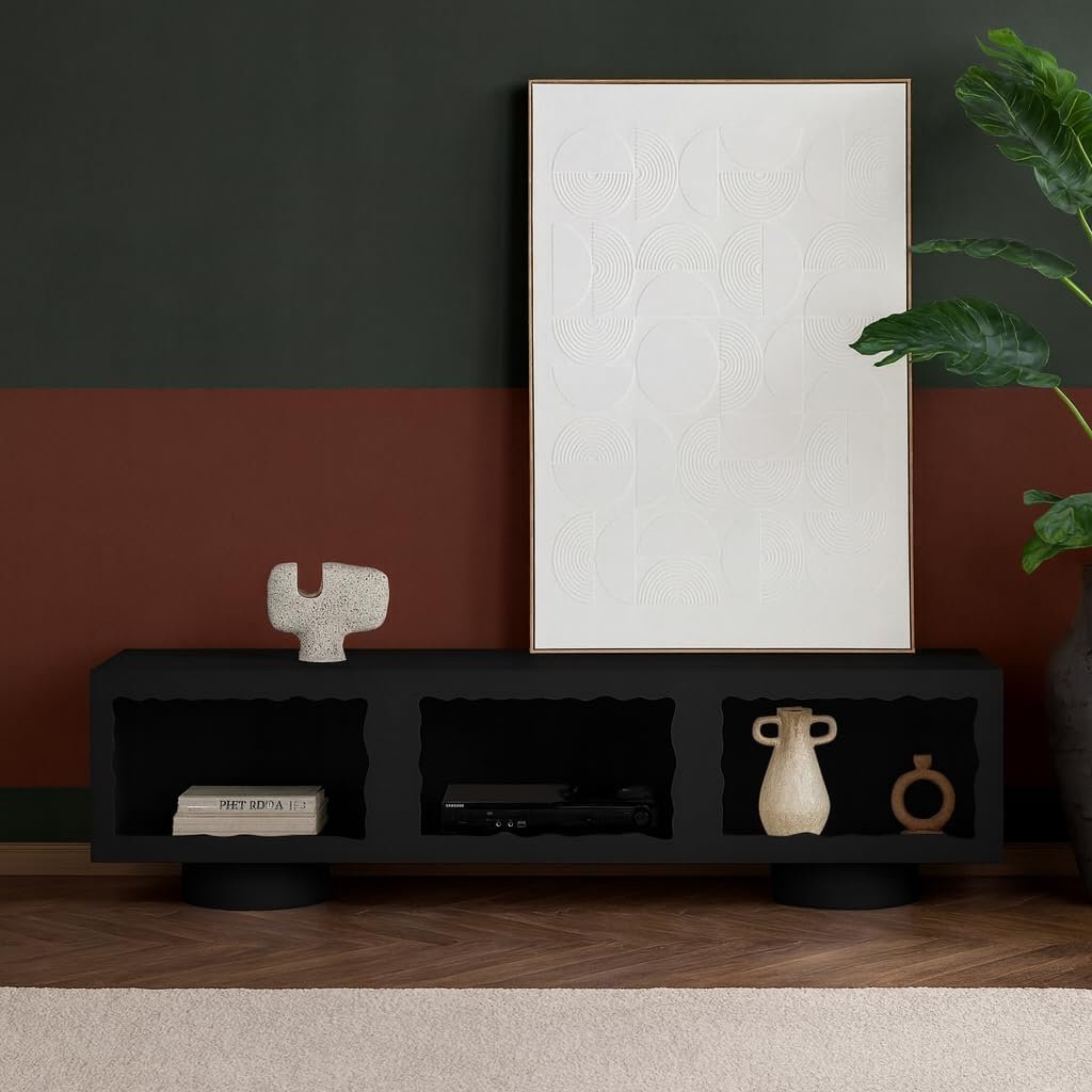 Karnak Cloudy TV Unit | Modern Media Console with Wave Design | Wooden TV Cabinet with Textured Finish & Storage for Living Room Furniture (Black)