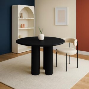 Karnak Ember 4-Seater Round Dining Table with Four-Leg Base, Textured MDF Top, Modern Luxe Minimalist Style (Black)