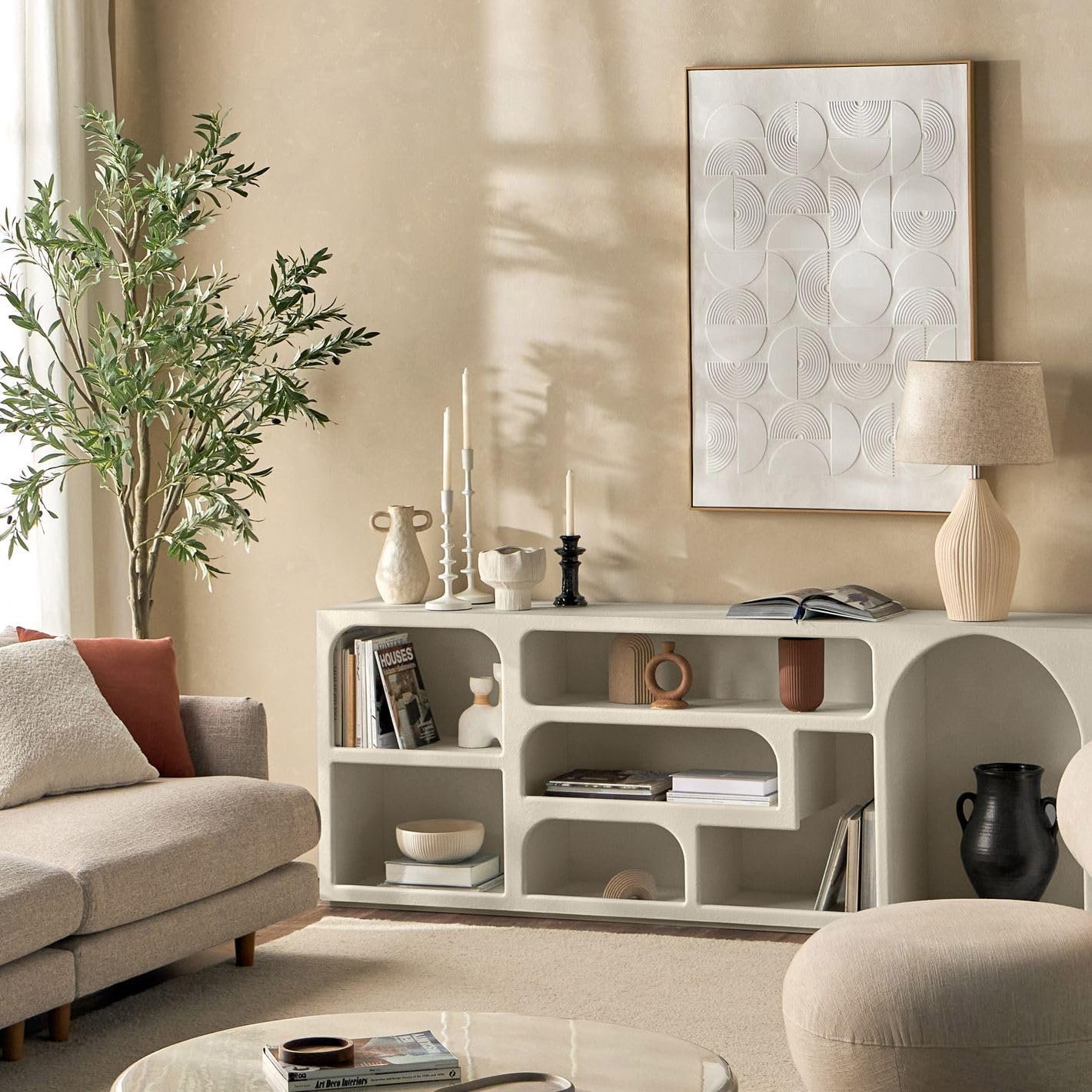 Karnak Float Buffet Modern Sideboard with 3 Doors, Minimalist Rounded-Edge Design, Cylindrical Legs & Concealed Storage (Biege) - Image 3