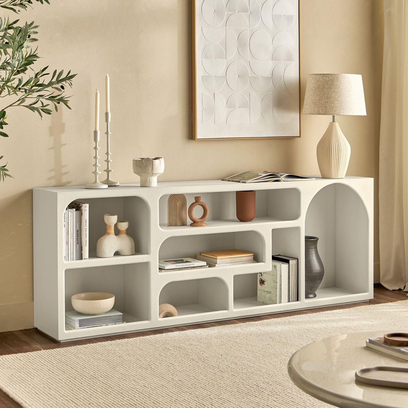 Karnak Float Buffet Modern Sideboard with 3 Doors, Minimalist Rounded-Edge Design, Cylindrical Legs & Concealed Storage (Biege) - Image 5