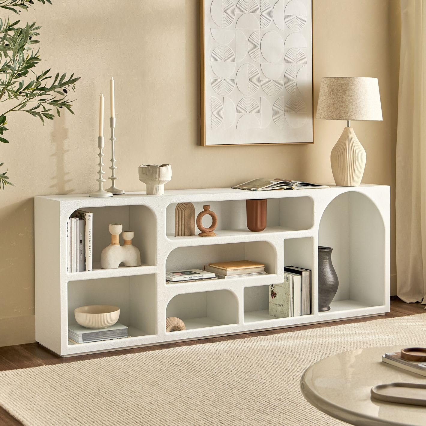 Karnak Float Buffet Modern Sideboard with 3 Doors, Minimalist Rounded-Edge Design, Cylindrical Legs & Concealed Storage (Biege) - Image 8