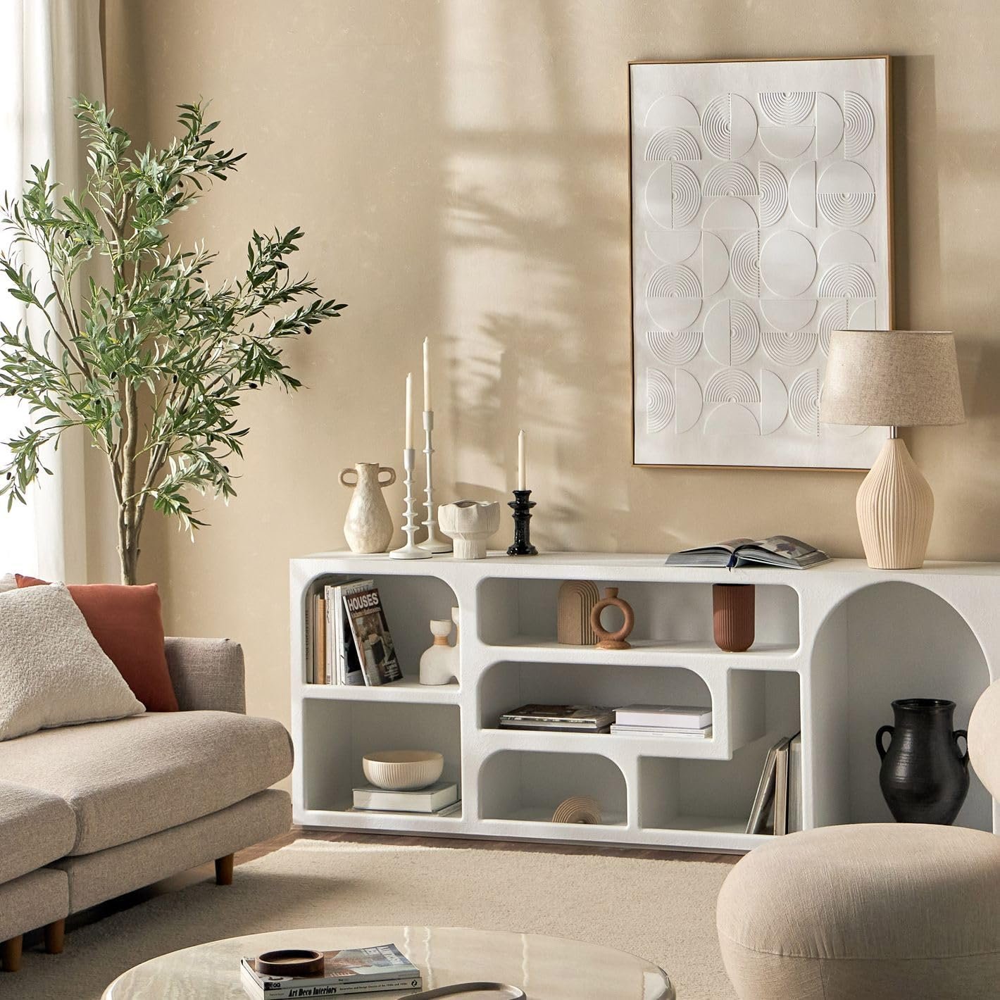 Karnak Float Buffet Modern Sideboard with 3 Doors, Minimalist Rounded-Edge Design, Cylindrical Legs & Concealed Storage (Biege) - Image 9