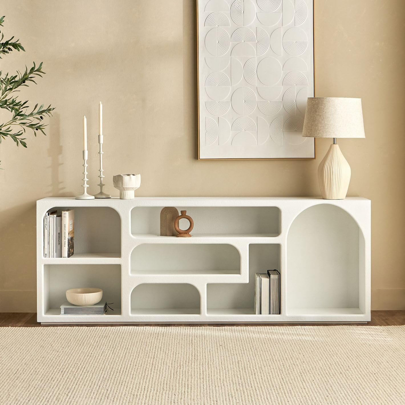 Karnak Float Buffet Modern Sideboard with 3 Doors, Minimalist Rounded-Edge Design, Cylindrical Legs & Concealed Storage (Biege) - Image 13