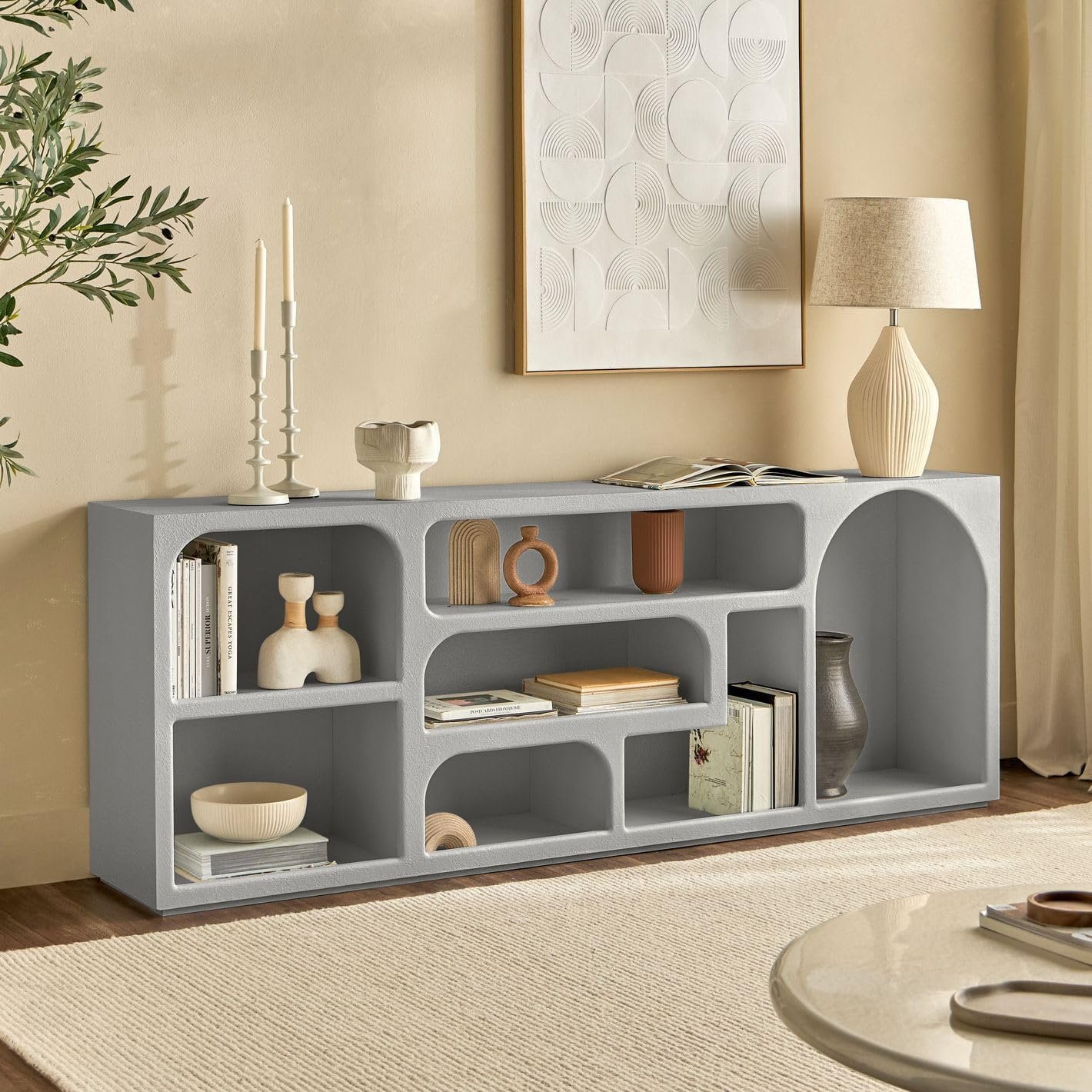 Karnak Float Buffet Modern Sideboard with 3 Doors, Minimalist Rounded-Edge Design, Cylindrical Legs & Concealed Storage (Biege) - Image 20