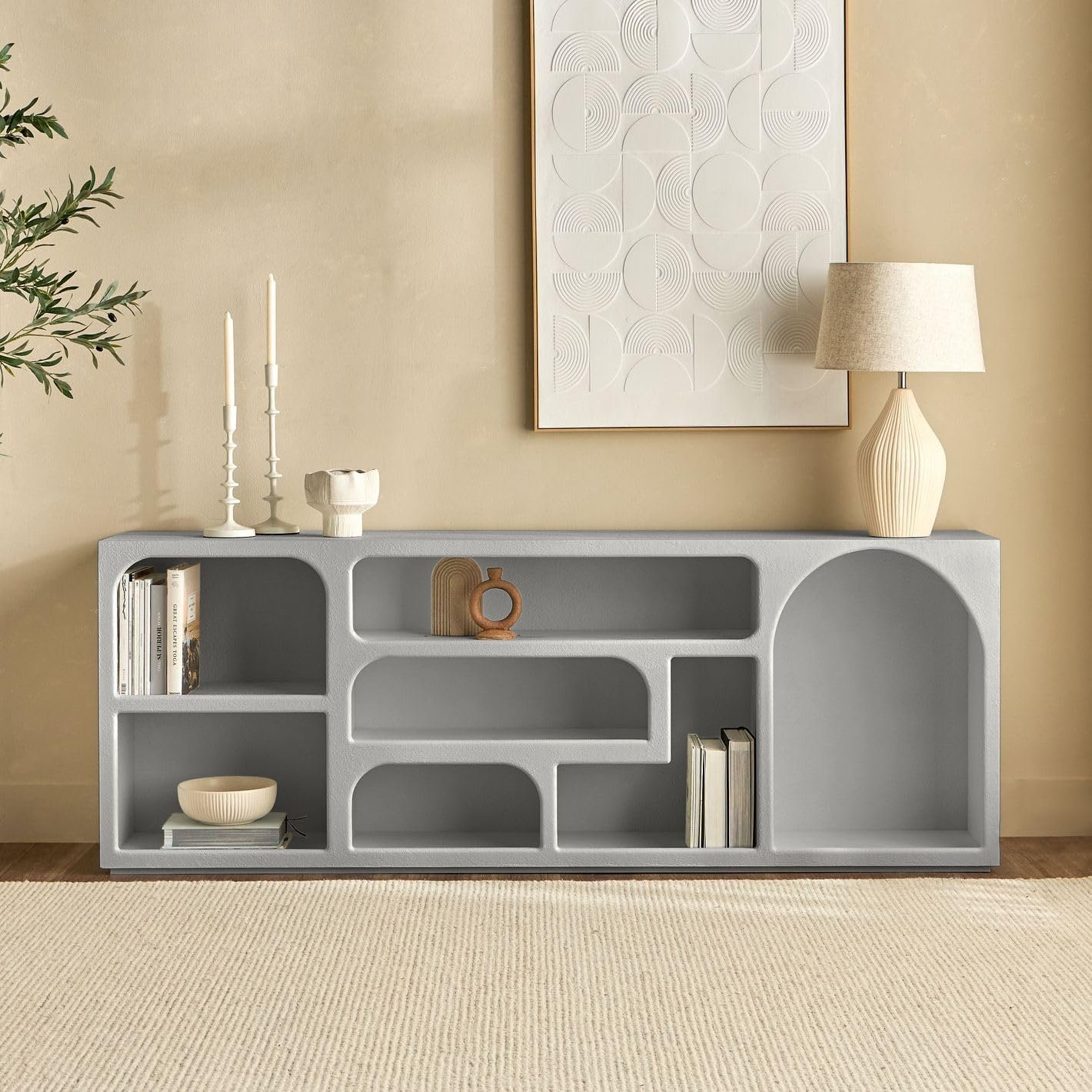 Karnak Float Buffet Modern Sideboard with 3 Doors, Minimalist Rounded-Edge Design, Cylindrical Legs & Concealed Storage (Biege) - Image 23