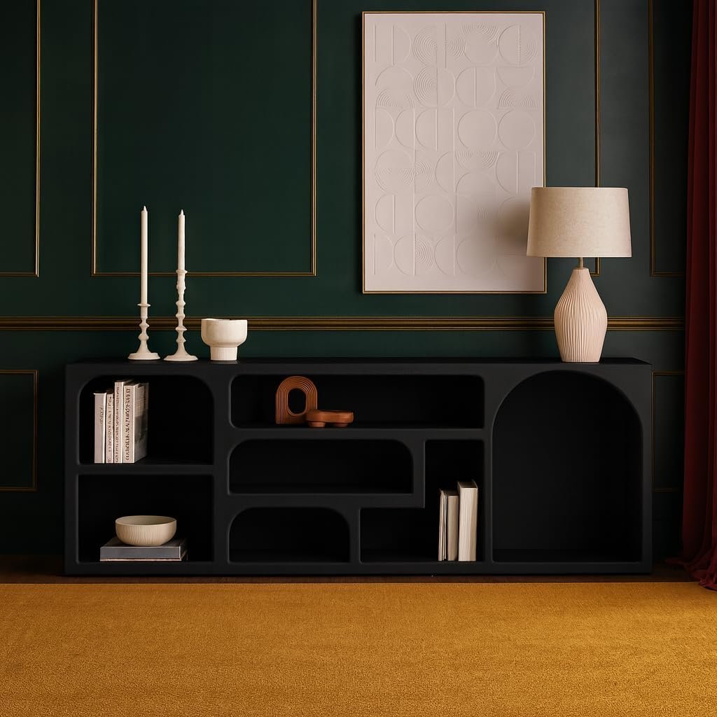 Karnak Float Buffet Modern Sideboard with 3 Doors, Minimalist Rounded-Edge Design, Cylindrical Legs & Concealed Storage (Black)